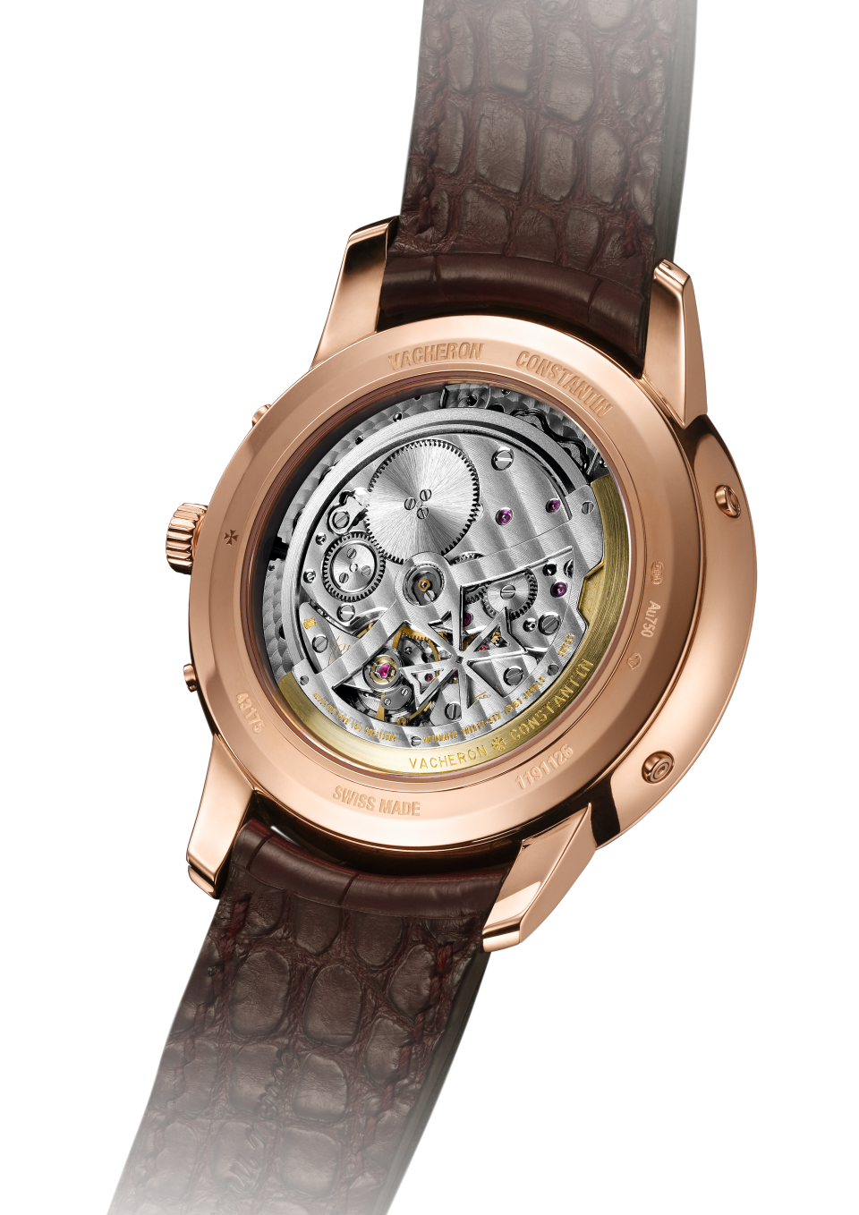 Visão a 3/4 - Packshot - Relógio - Patrimony calendário perpétuo ultraplano - 41 mm Ouro rosa com Pele de crocodilo bracelete
