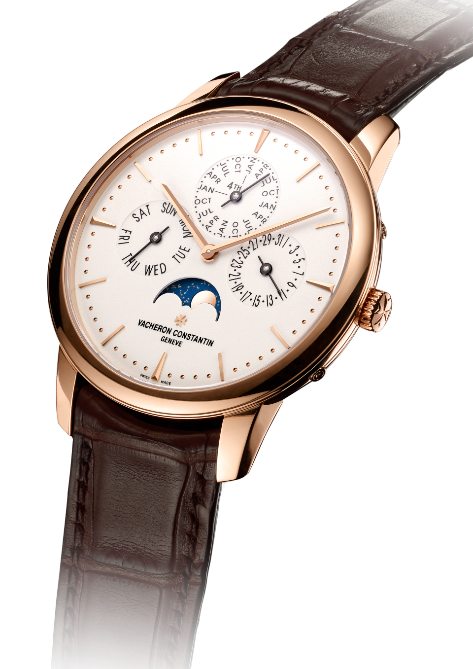 Visão a 3/4 - Packshot - Relógio - Patrimony calendário perpétuo ultraplano - 41 mm Ouro rosa com Pele de crocodilo bracelete