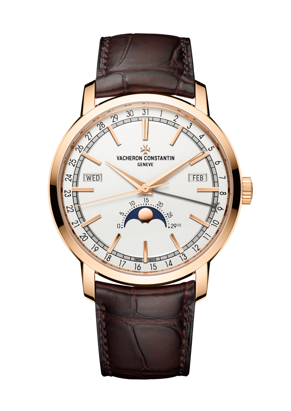 Вид спереди - Пакшот - Часы - Traditionnelle с полным календарем - 41 mm Розовое золото c Кожа аллигатора ремешком