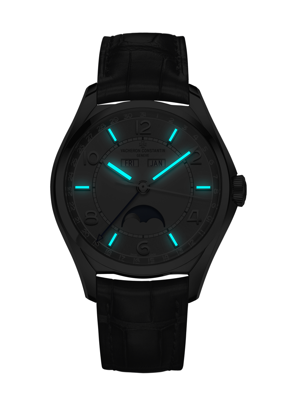 Vue de nuit - Plan produit - Montre - Fiftysix calendrier complet - 40 mm Acier avec Cuir d’alligator bracelet
