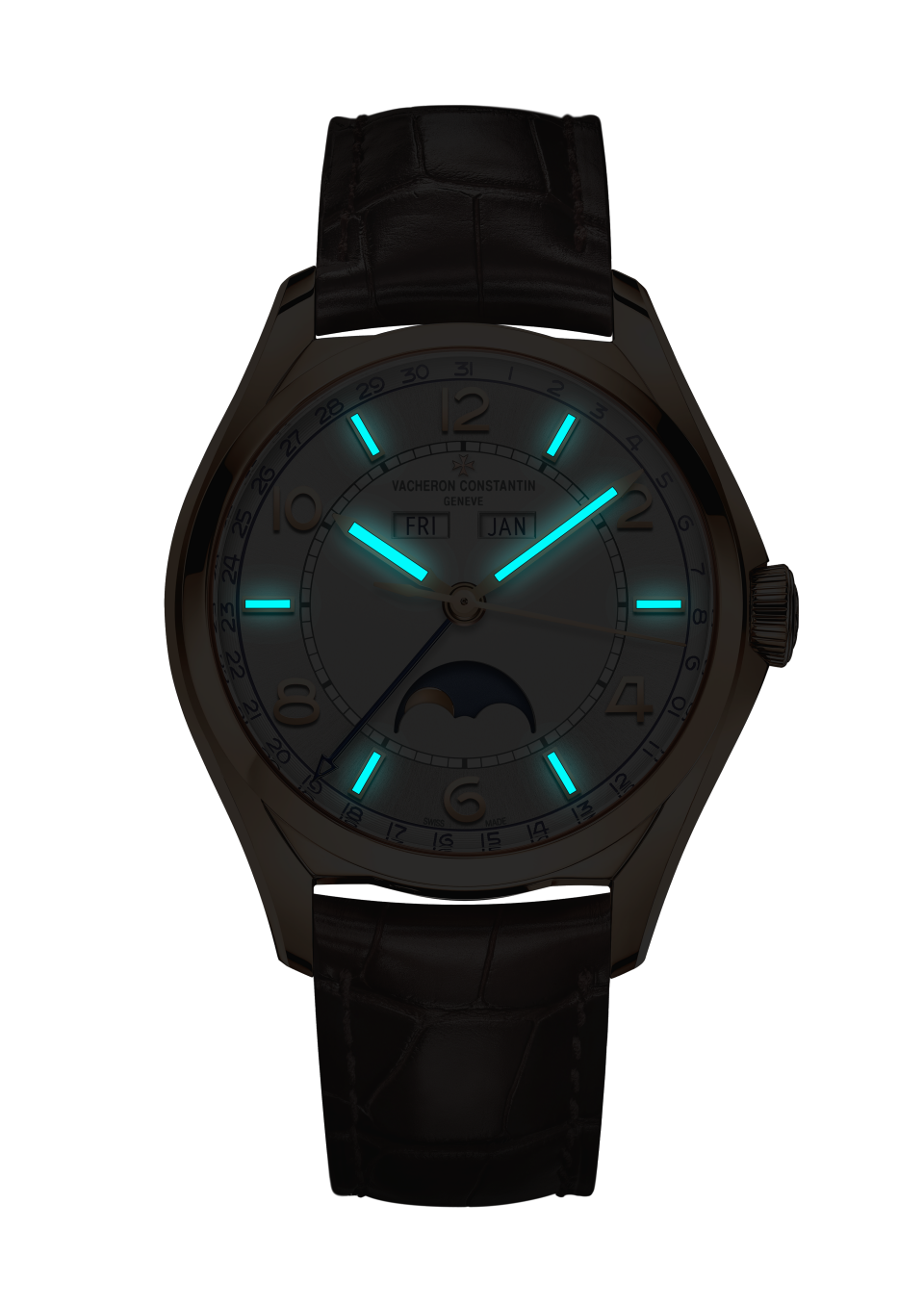 Night view - Packshot - Watch - Fiftysix complete calendar - 40 mm Pink Gold with Alligator leather strap
