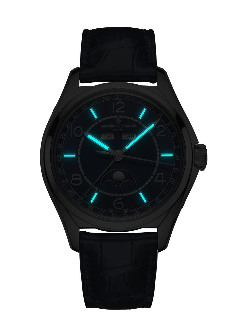 Nachtansicht - Packshot - Uhr - Fiftysix Vollkalender - 40 mm Edelstahl mit Alligatorleder Armband