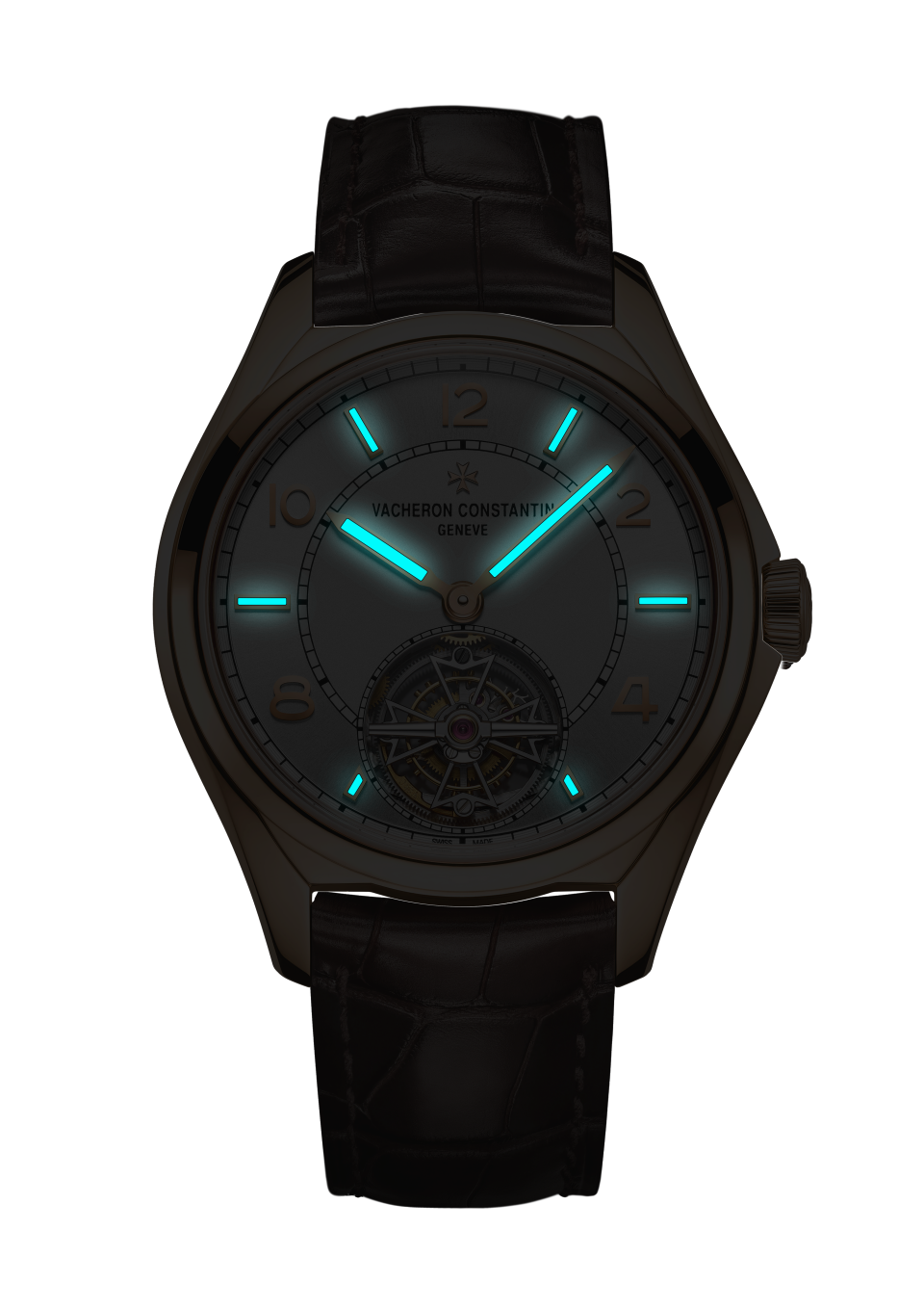 ナイトビュー - パックショット - ウォッチ - フィフティーシックス・トゥールビヨン - 41 mm ピンクゴールド と アリゲーターレザー ストラップ