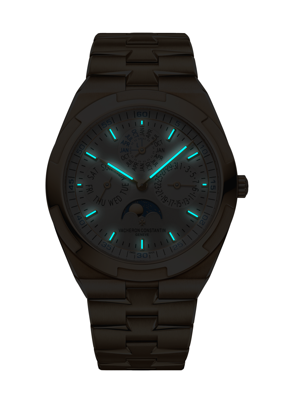 Night view - Packshot - Watch - Overseas perpetual calendar ultra-thin - 41.5 mm Pink Gold with Rubber, Grained calfskin leather straps