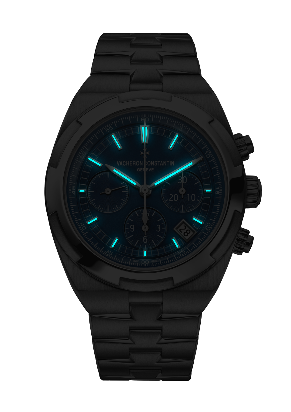 Night view - Packshot - Watch - Overseas chronograph - 42.5 mm Steel with Grained calfskin leather, Rubber straps