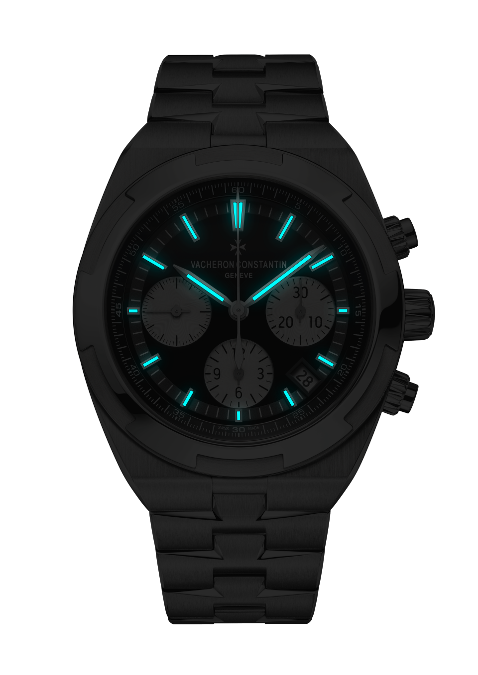 Nachtansicht - Packshot - Uhr - Overseas Chronograph - 42.5 mm Edelstahl mit Genarbtes Kalbsleder, Kautschuk Armbänder