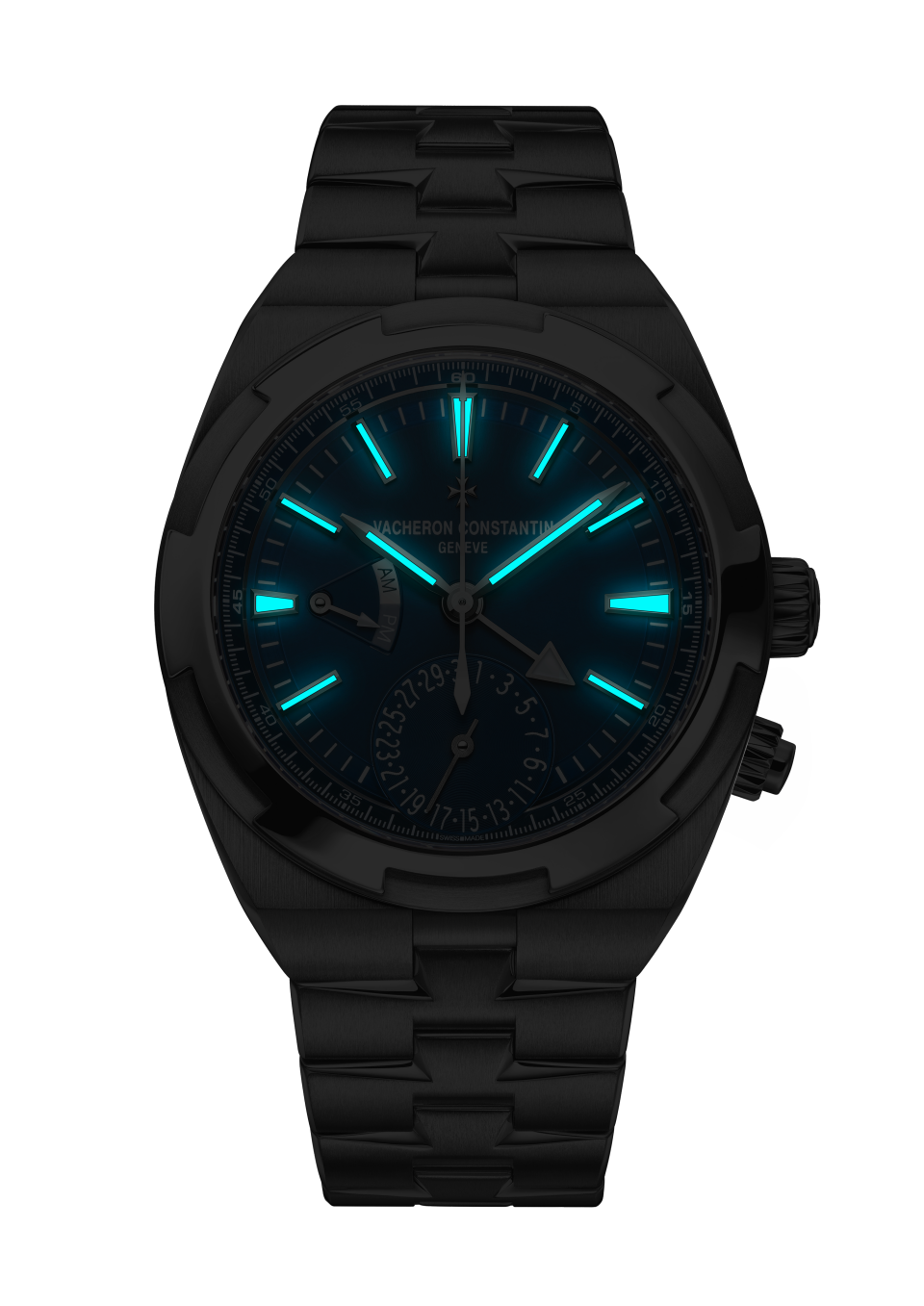 Night view - Packshot - Watch - Overseas dual time - 41 mm Steel with Rubber, Grained calfskin leather straps