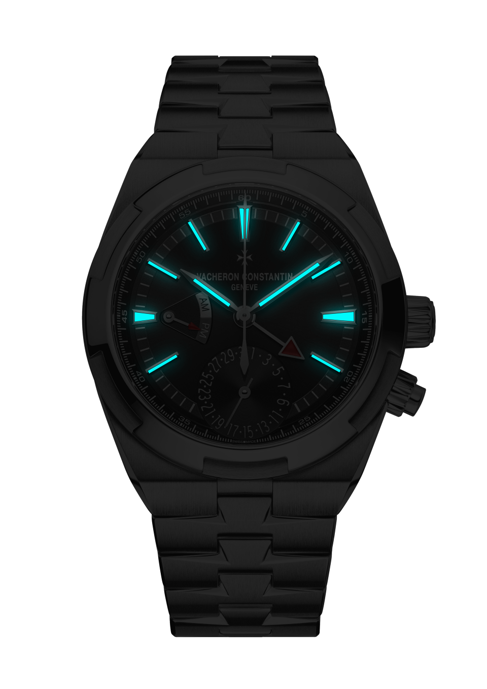 Vista notturna - Packshot - Orologio - Overseas dual time - 41 mm Acciaio con Caucciù, Pelle di vitello granulata Cinturini