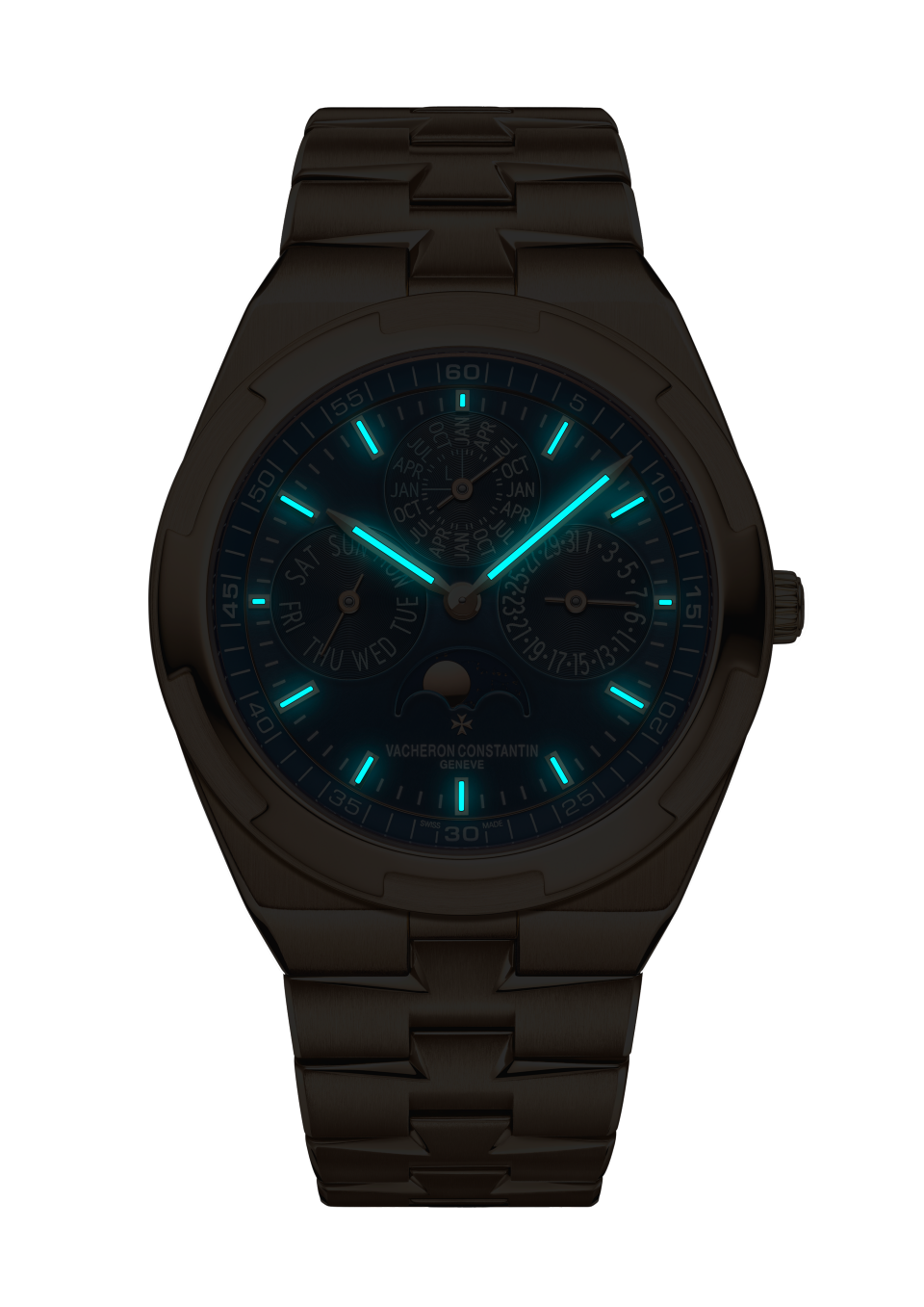 Night view - Packshot - Watch - Overseas perpetual calendar ultra-thin - 41.5 mm Pink Gold with Grained calfskin leather, Rubber straps