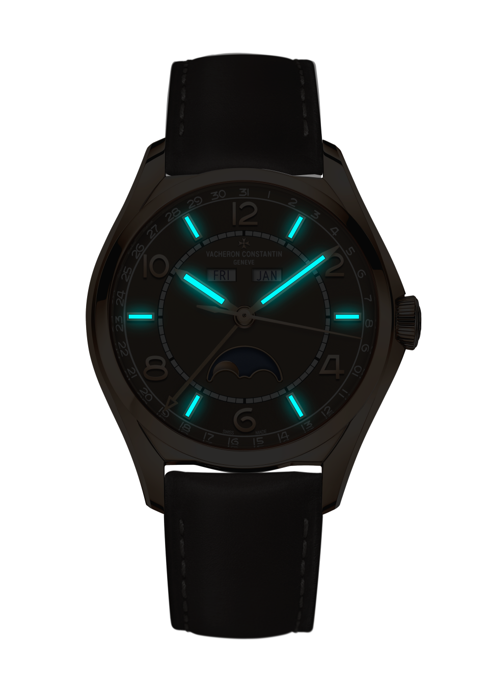 Vue de nuit - Plan produit - Montre - Fiftysix calendrier complet - 40 mm Or rose avec Cuir de veau bracelet