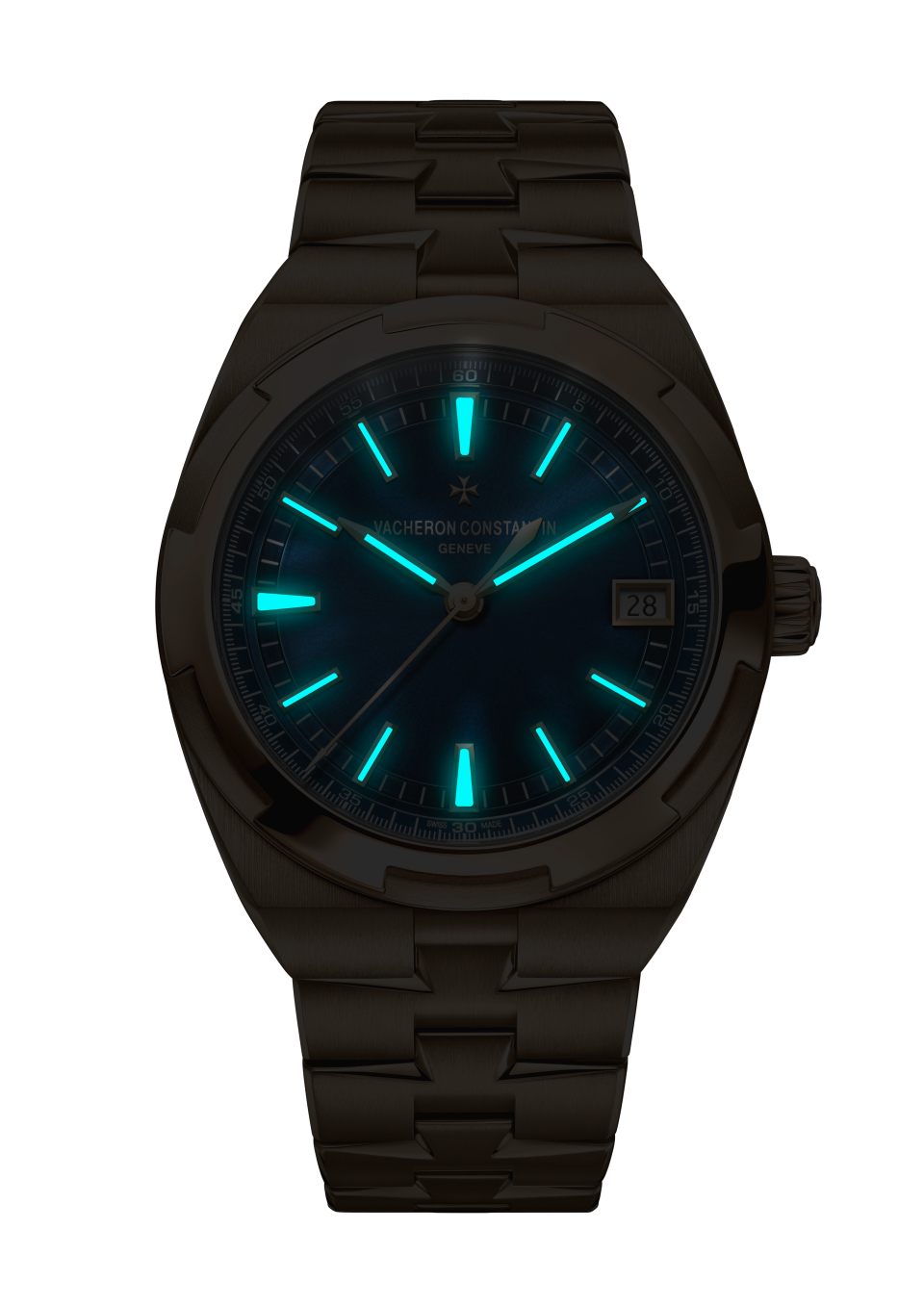 Vue de nuit - Plan produit - Montre - Overseas automatique - 41 mm Or rose avec Veau grainé, Caoutchouc Bracelets