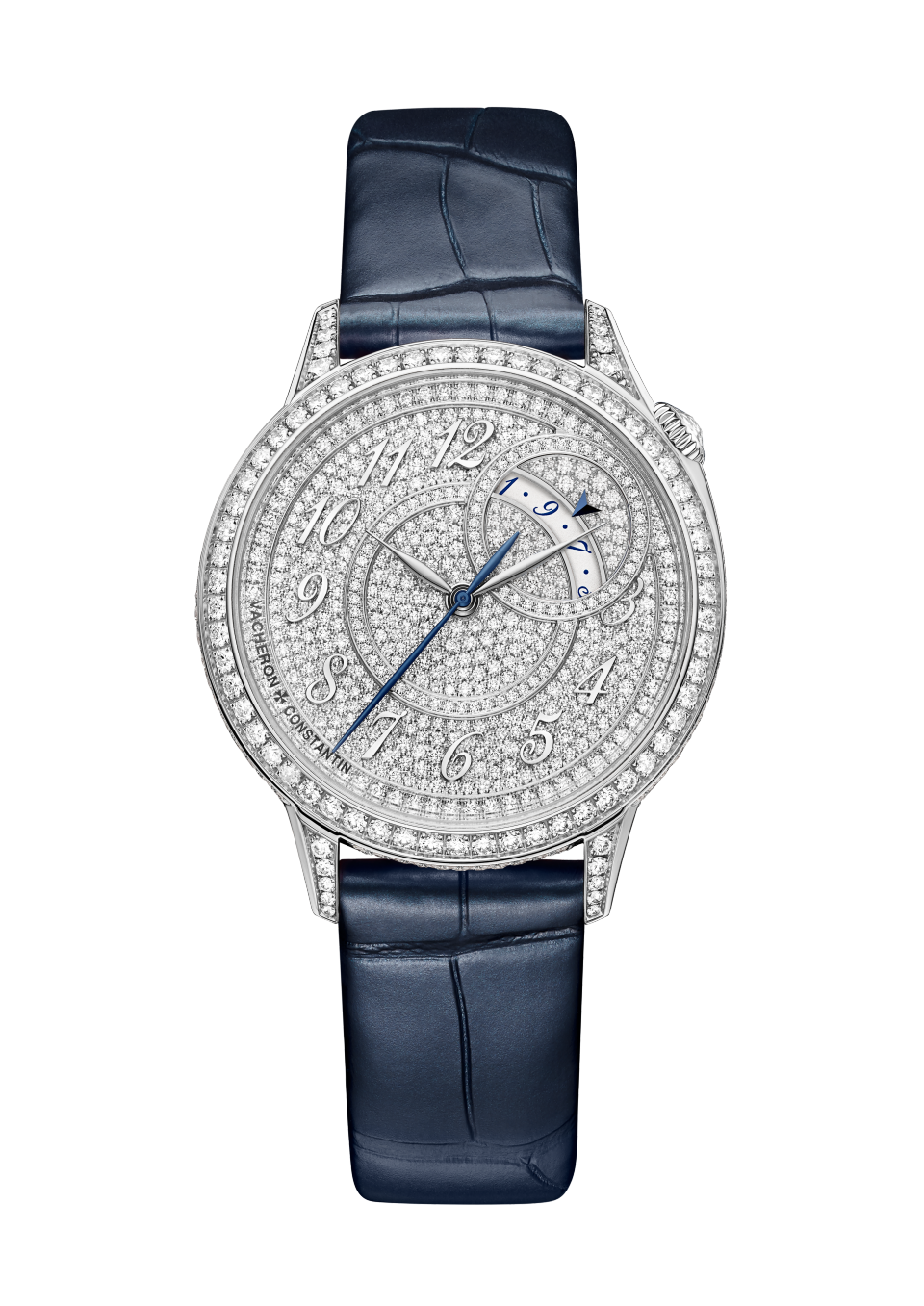 Front view - Packshot - Watch - Égérie self-winding - 35 mm White Gold with Satin-effect calfskin leather, Alligator leather straps
