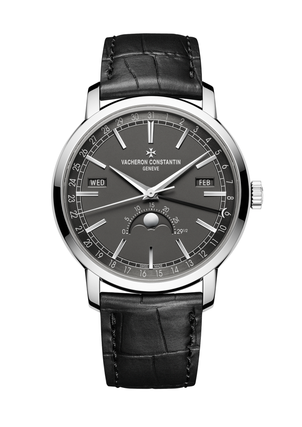 Вид спереди - Пакшот - Часы - Traditionnelle с полным календарем - 41 mm Белое золото c Кожа аллигатора ремешком