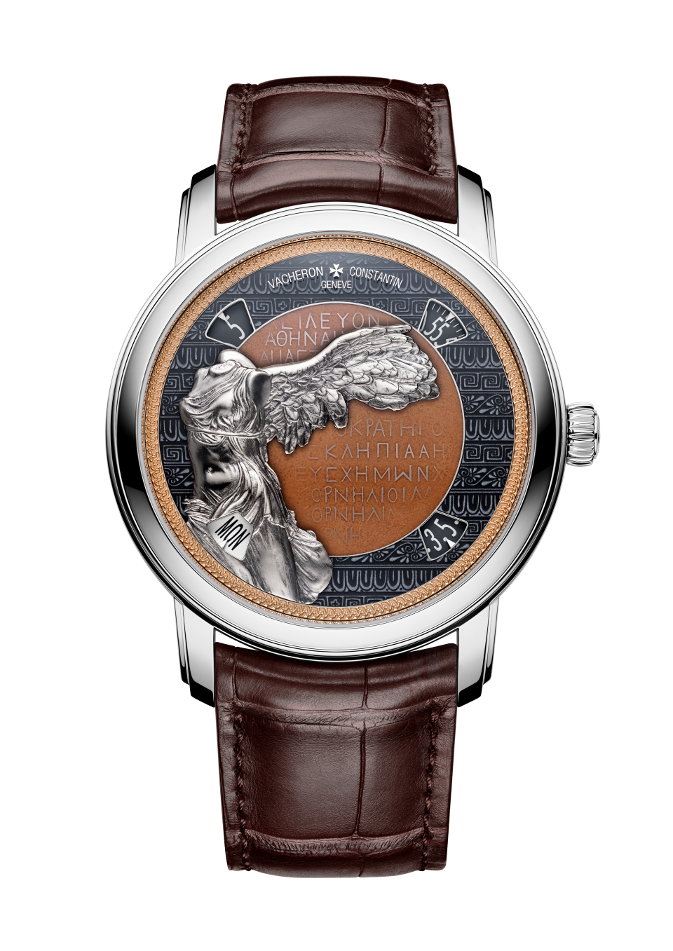 Вид спереди - Пакшот - Часы - Métiers d'Art Посвящение великим цивилизациям - Victoire de Samothrace - 42 mm Белое золото c Кожа аллигатора ремешком