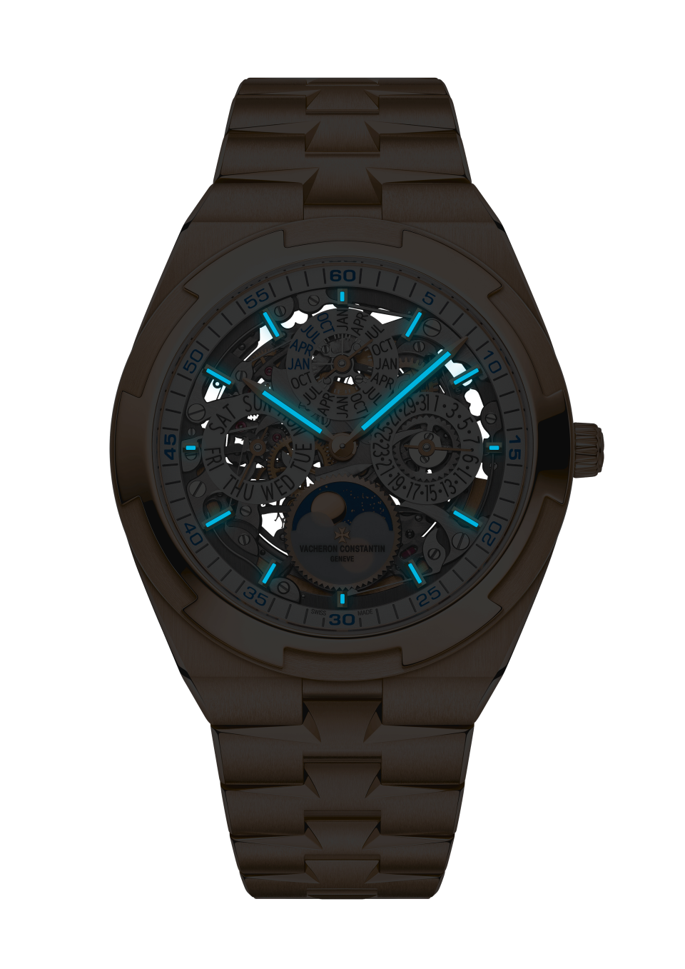 夜視圖 - 包裝相片 - 腕錶 - Overseas鏤雕超薄萬年曆 - 41.5 mm 粉紅金 配備 粒紋小牛皮, 18K粉紅金, 橡膠 錶帶