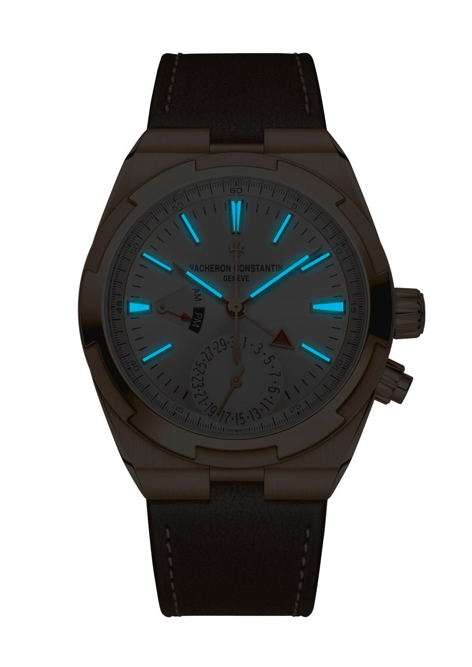 Night view - Packshot - Watch - Overseas dual time - 41 mm Pink Gold with Rubber, Grained calfskin leather straps