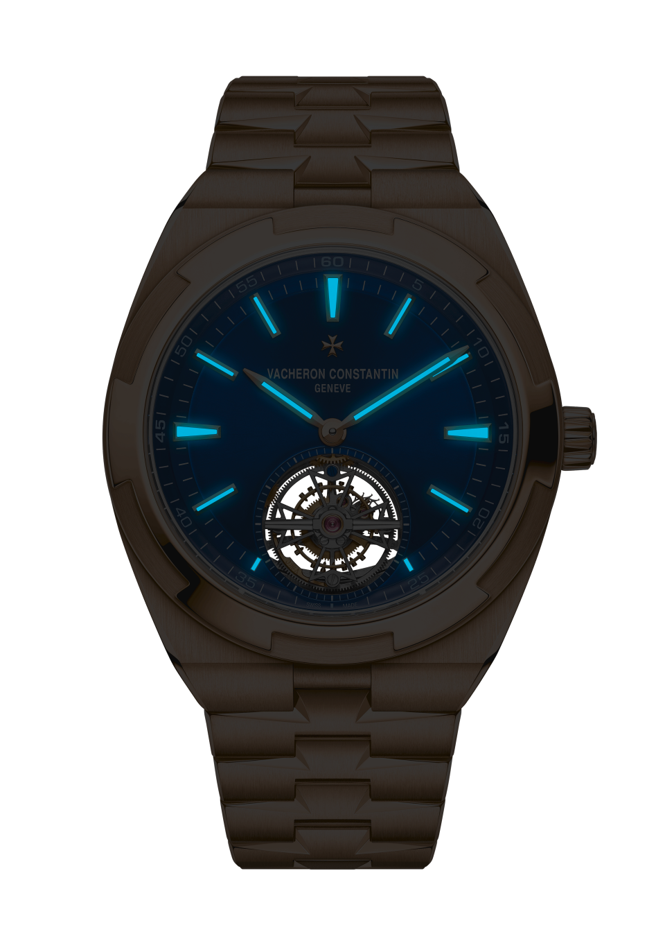 Night view - Packshot - Watch - Overseas tourbillon - 42.5 mm Pink Gold with 18K pink gold, Rubber, Grained calfskin leather straps