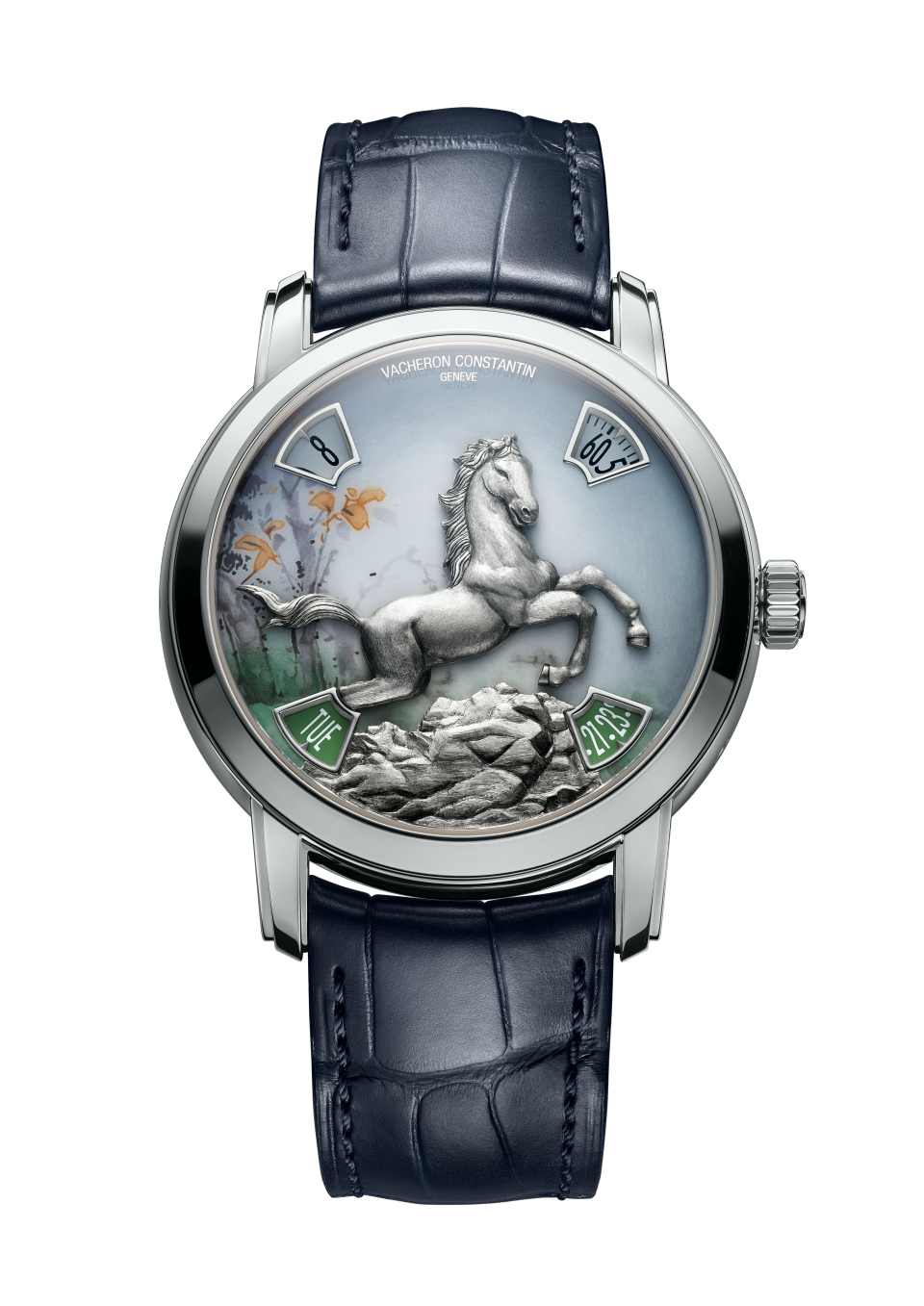 Front view - Packshot - Watch - Métiers d'Art The legend of the Chinese zodiac - year of the horse - 40 mm Platinum with Alligator leather strap