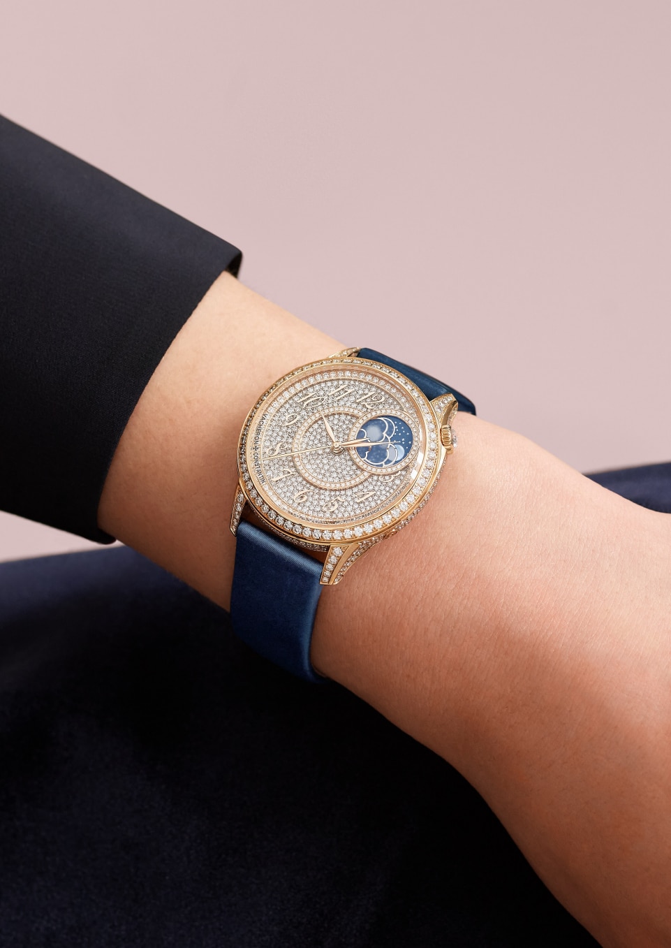  - Lifestyle product photo - Watch - Égérie moon phase - 37 mm Pink Gold with Satin-effect calfskin leather, Alligator leather straps