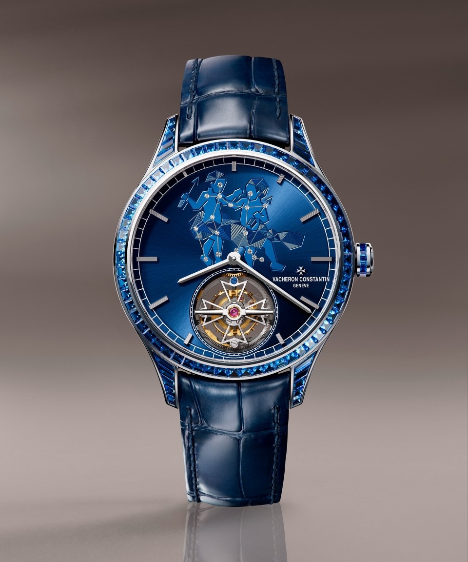 Front view - Lifestyle product photo - Watch - Métiers d'Art Tribute to The Celestial -  Gemini - 39 mm White Gold with Alligator leather strap