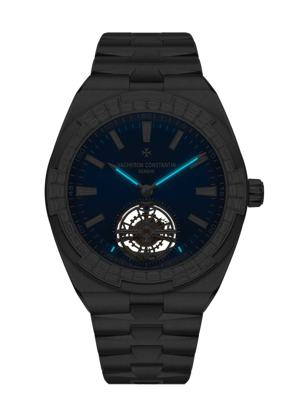 Night view - Packshot - Watch - Overseas tourbillon high jewellery - 42.5 mm White Gold with Grained calfskin leather, White Gold, Rubber straps