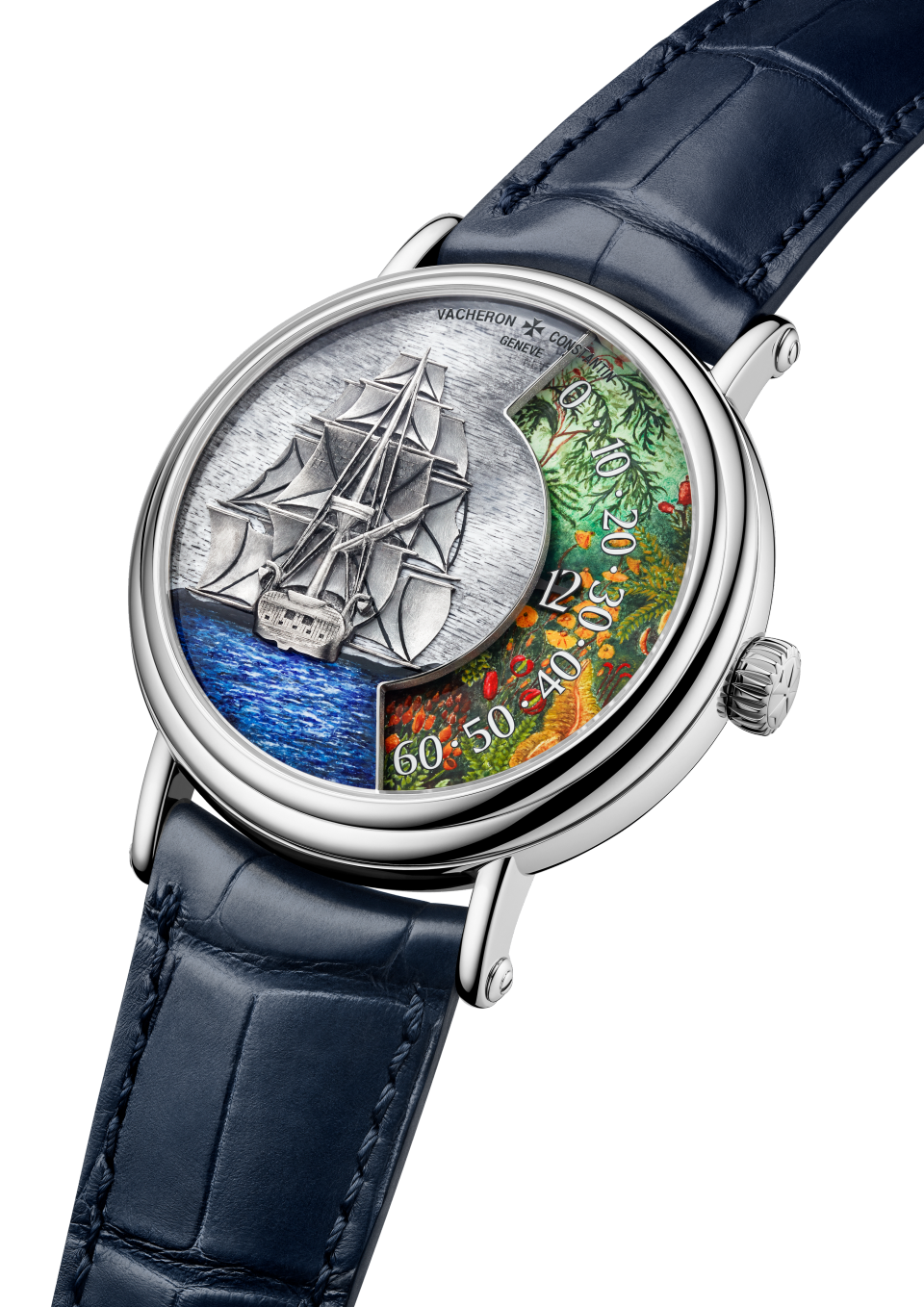 Vista a 3/4 - Packshot - Orologio - Métiers d’Art Omaggio agli esploratori naturalisti - Capo Verde - 41 mm Oro bianco con Pelle di alligatore cinturino