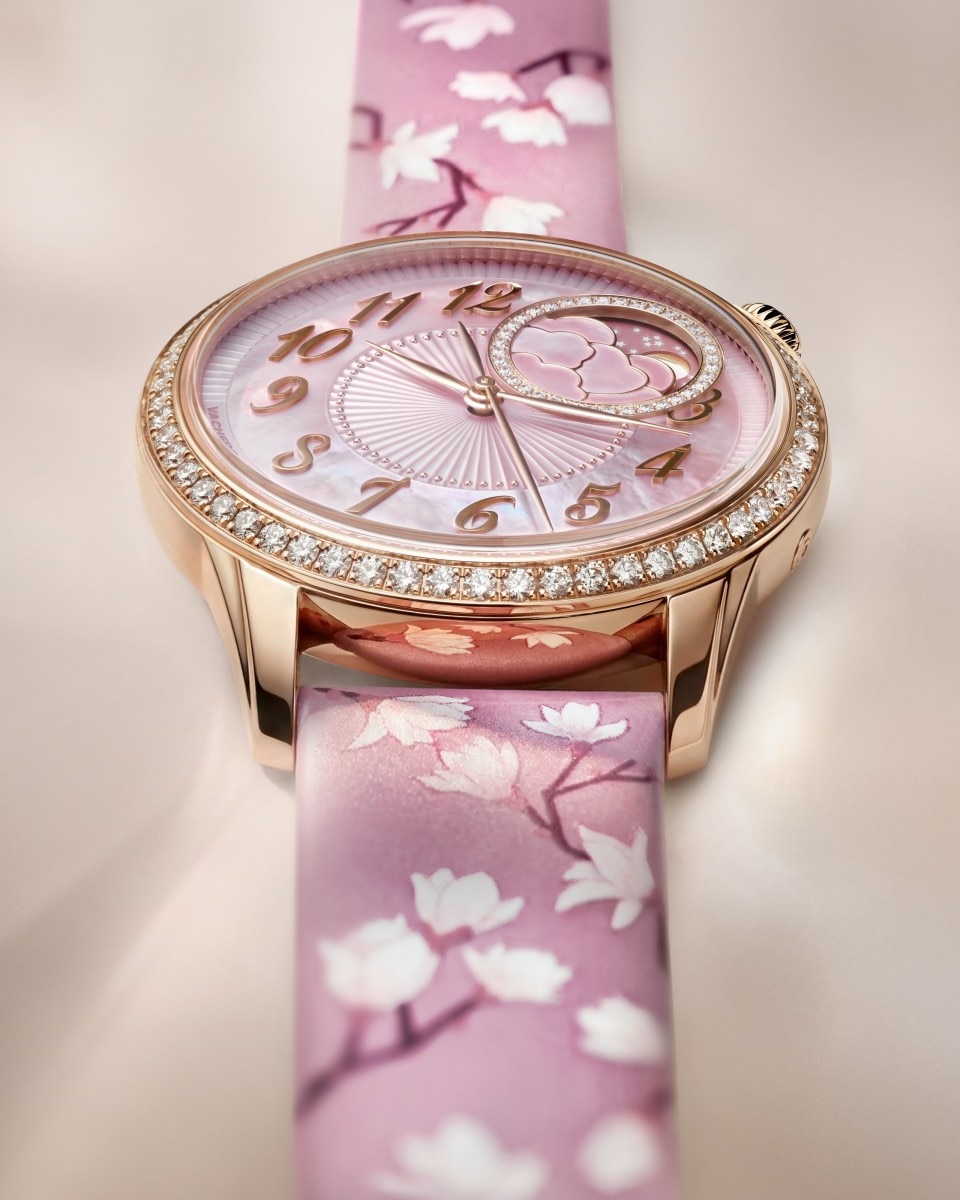 Alternative view - Lifestyle product photo - Watch - Égérie moon phase - 37 mm Pink Gold with Alligator leather, Calfskin leather, Polyester straps