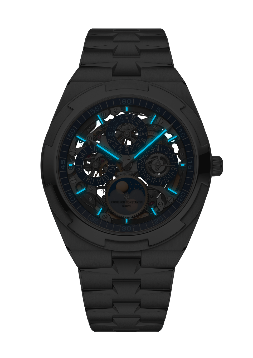 Nachtansicht - Packshot - Uhr - Overseas Ewiger Kalender extra-flach Skelett - 41,5 mm Weißgold mit Kautschuk, Weißgold, Genarbtes Kalbsleder Armbänder