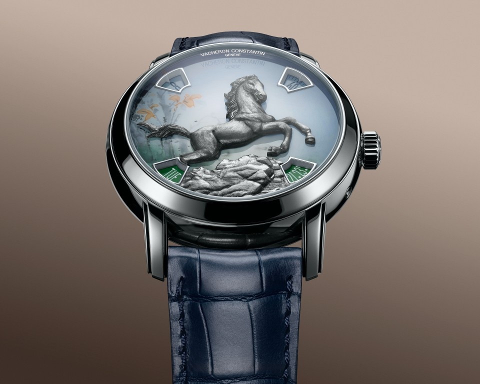 Front view - Packshot - Watch - Métiers d'Art The legend of the Chinese zodiac - year of the horse - 40 mm Platinum with Alligator leather strap