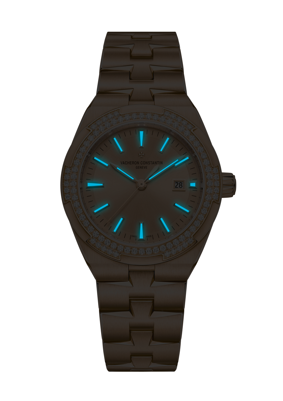 Vista notturna - Packshot - Orologio - Overseas automatico - 35 mm Oro rosa con Pelle di vitello, Oro rosa, Caucciù Cinturini