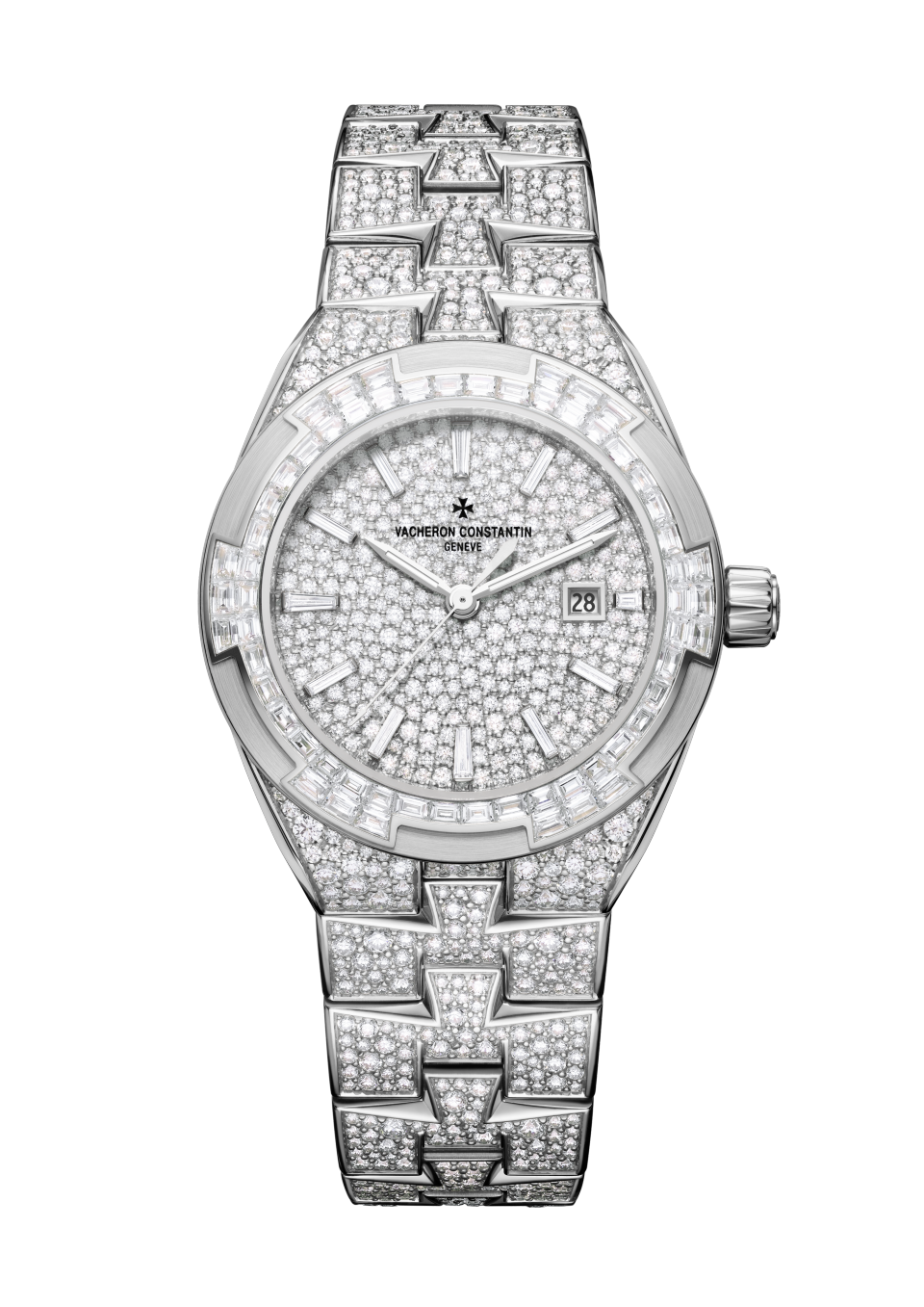 Vista frontale - Packshot - Orologio - Overseas automatico Alta Gioielleria - 35 mm Oro bianco con Pelle di alligatore, Caucciù, Oro bianco Cinturini