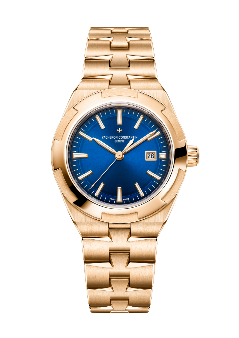 Front view - Packshot - Watch - Overseas self-winding - 34.5 mm Pink Gold with Rubber, Grained calfskin leather straps