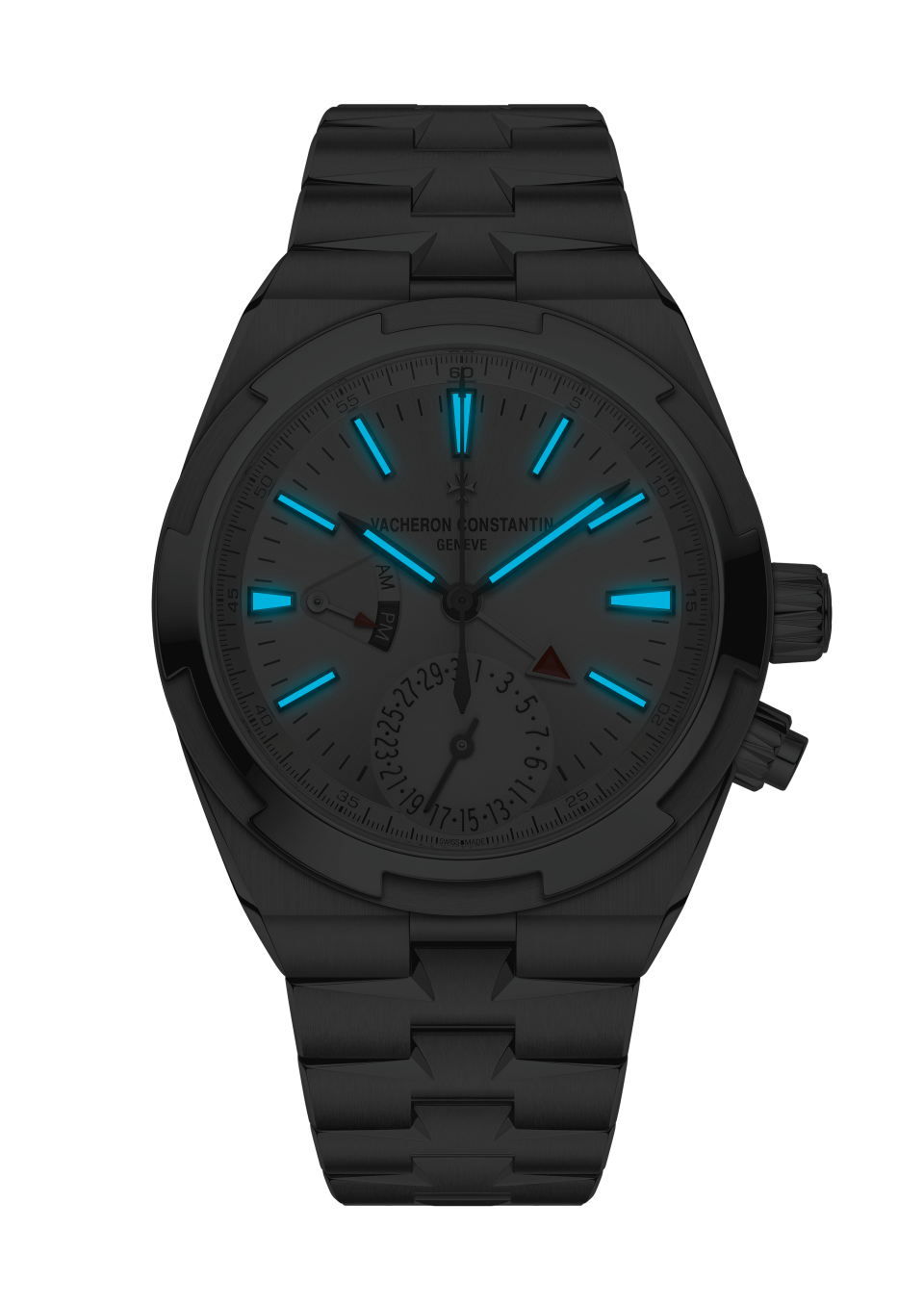 Night view - Packshot - Watch - Overseas dual time - 41 mm Steel with Rubber, Grained calfskin leather, Stainless steel straps