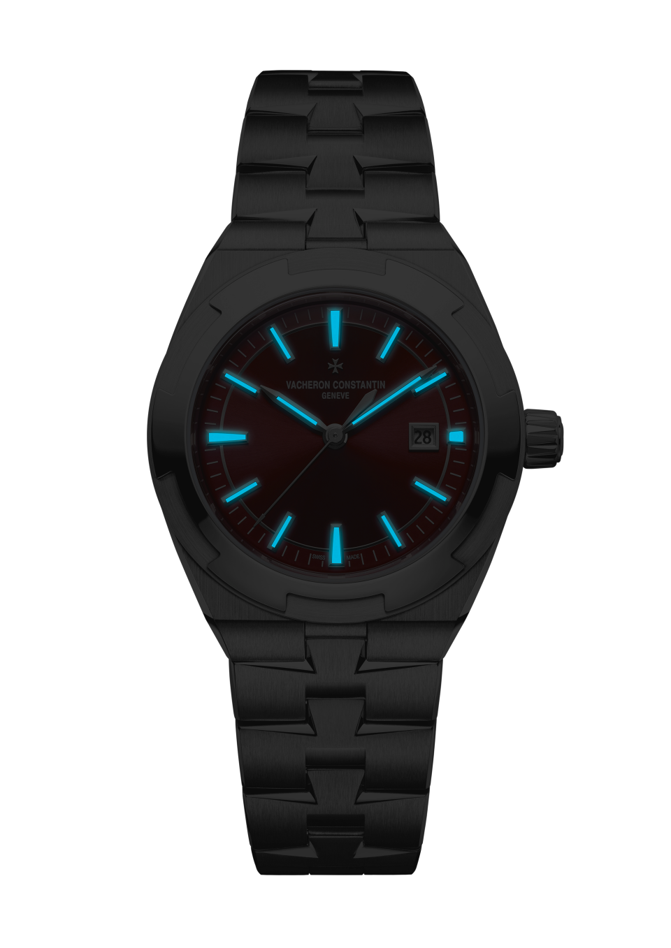 Night view - Packshot - Watch - Overseas self-winding - 34.5 mm Steel with Alligator leather, Rubber, Stainless steel straps