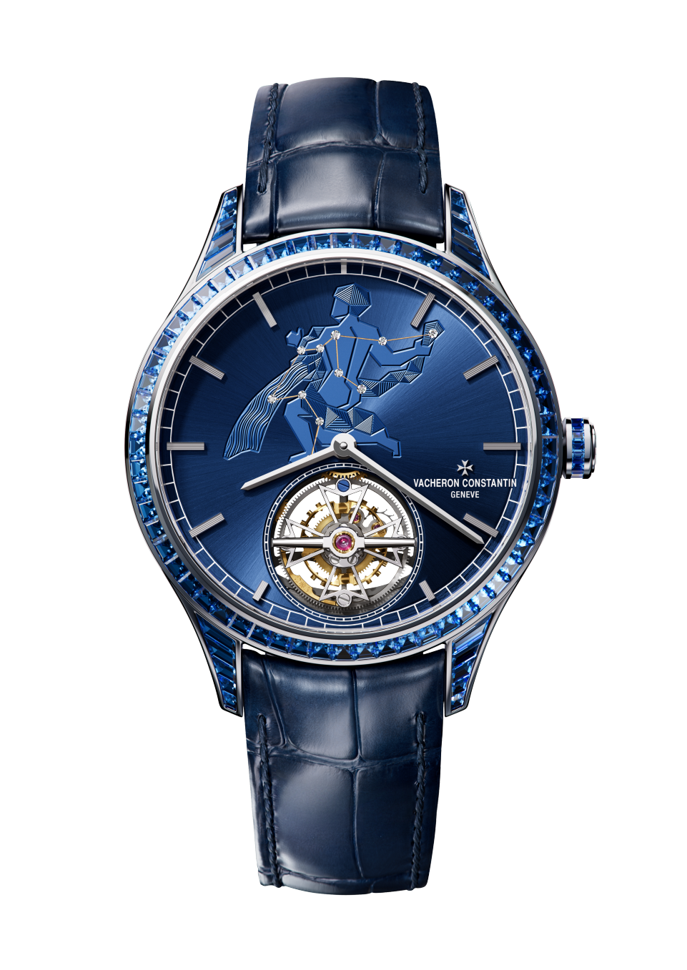 Front view - Packshot - Watch - Métiers d'Art Tribute to The Celestial -  Aquarius - 39 mm White Gold with Alligator leather strap