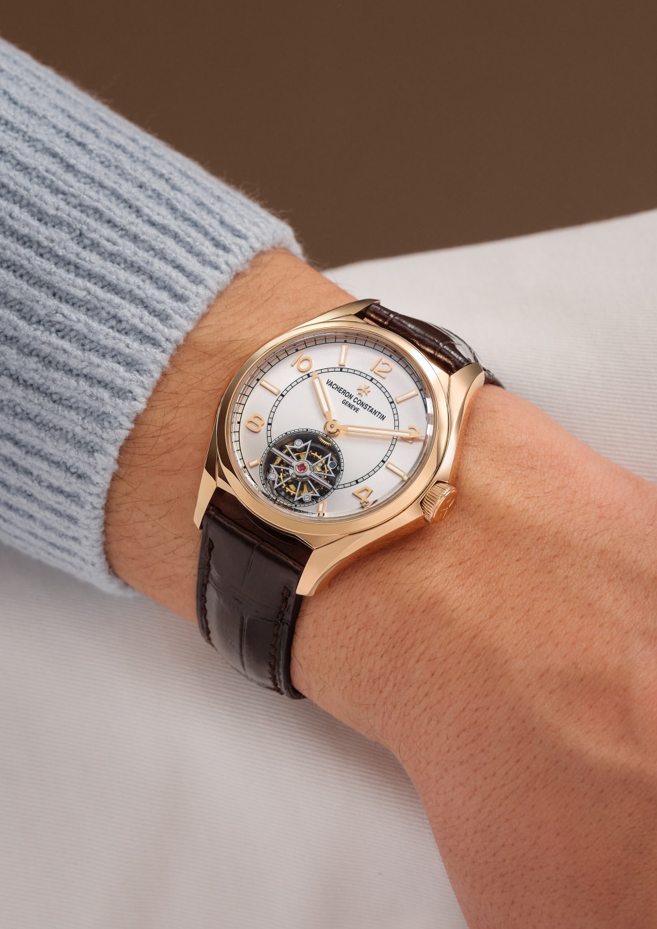 - Lifestyle product photo - Watch - Fiftysix tourbillon - 41 mm Pink Gold with Alligator leather strap