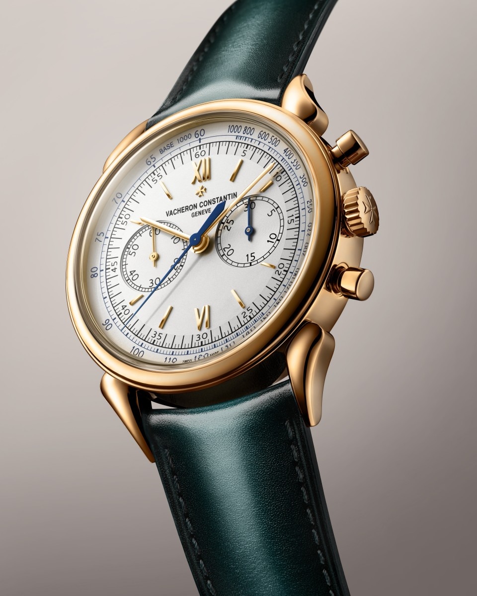 Vue 3/4 - Plan produit - Montre - Historiques Cornes de Vache 1955 - 38.5 mm Or rose avec Cuir de veau bracelet