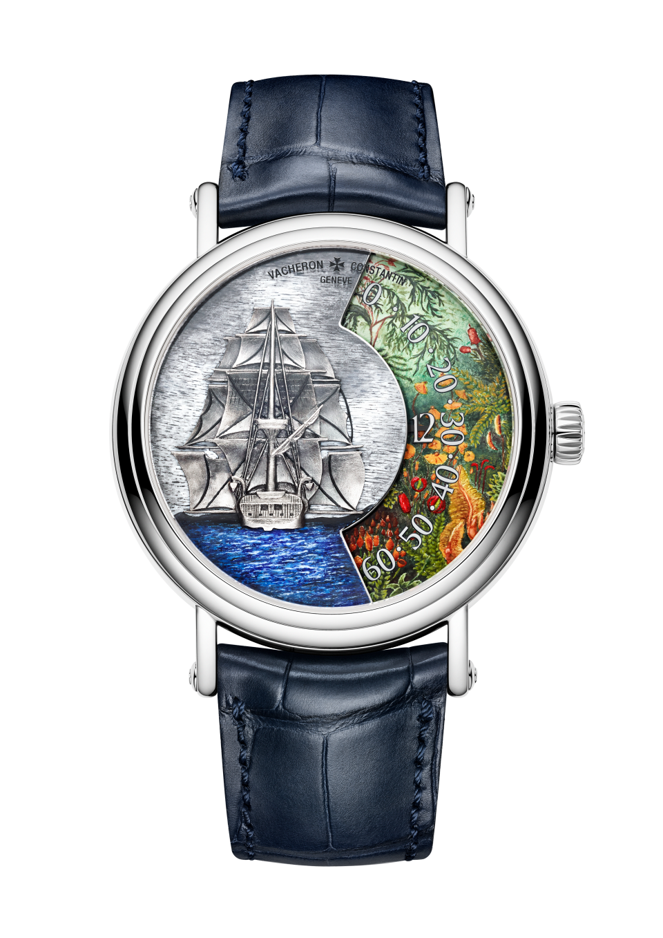 Vista frontale - Packshot - Orologio - Métiers d’Art Omaggio agli esploratori naturalisti - Capo Verde - 41 mm Oro bianco con Pelle di alligatore cinturino