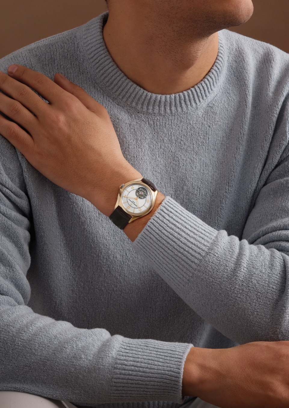  - Lifestyle product photo - Watch - Fiftysix tourbillon - 41 mm Pink Gold with Alligator leather strap