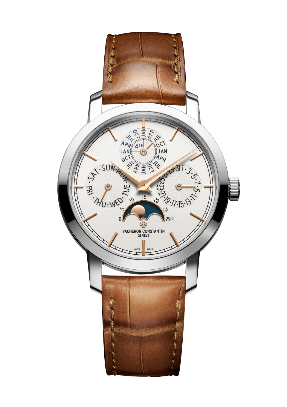 Front view - Packshot - Watch - Traditionnelle perpetual calendar ultra-thin - 36.5 mm White Gold with Alligator leather strap