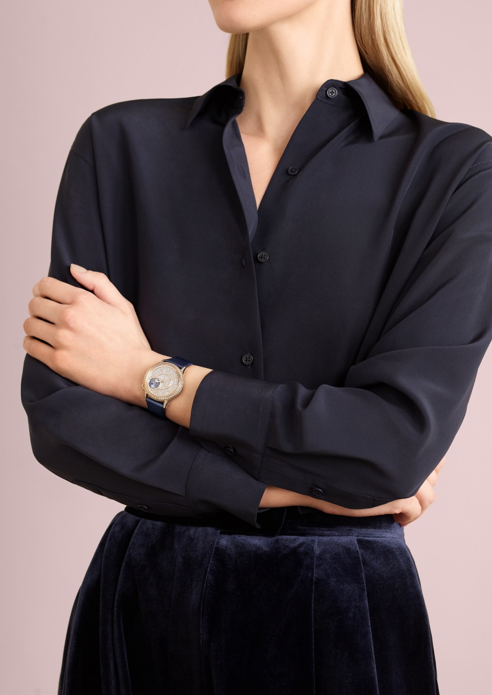  - Lifestyle product photo - Watch - Égérie moon phase - 37 mm Pink Gold with Satin-effect calfskin leather, Alligator leather straps