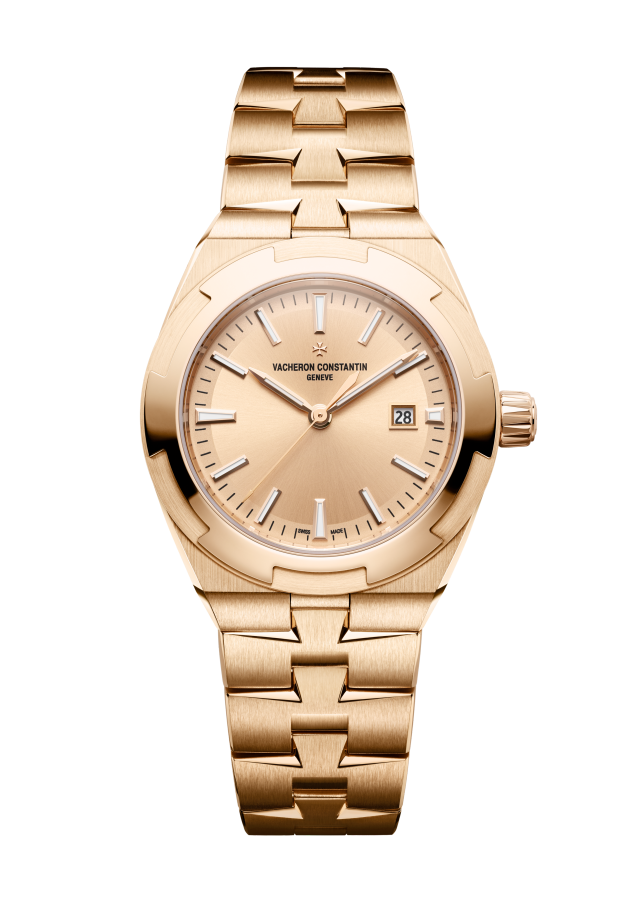 Front view - Packshot - Watch - Overseas self-winding - 34.5 mm Pink Gold with Alligator leather, Rubber, 18K pink gold straps
