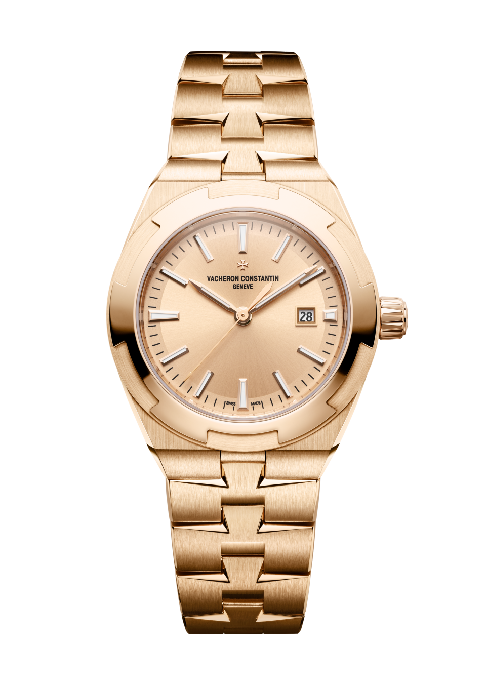 Front view - Packshot - Watch - Overseas self-winding - 34.5 mm Pink Gold with Alligator leather, Rubber, 18K pink gold straps