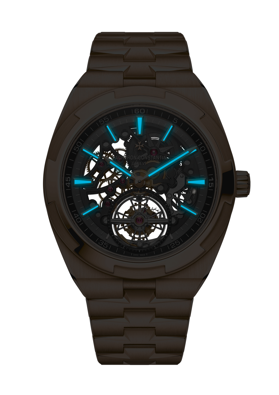 Vue de nuit - Plan produit - Montre - Overseas tourbillon squelette - 42.5 mm Or rose avec Or rose 750/1000, Veau grainé, Caoutchouc Bracelets