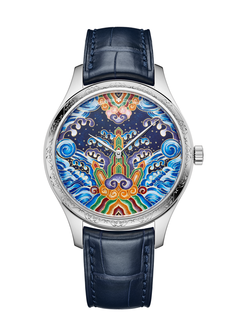 Vista frontale - Packshot - Orologio - Métiers d’Art Omaggio ai simboli tradizionali - Eterno fluire - 38 mm Oro bianco con Pelle di alligatore cinturino