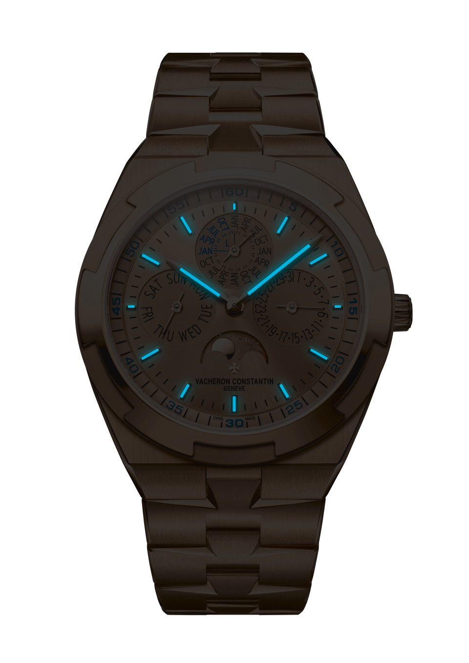 야간 이미지 - 팩샷 - 시계 - Overseas 퍼페추얼 캘린더 울트라-씬 - 41.5 mm 핑크 골드 포함 18K 핑크 골드, 러버 스트랩