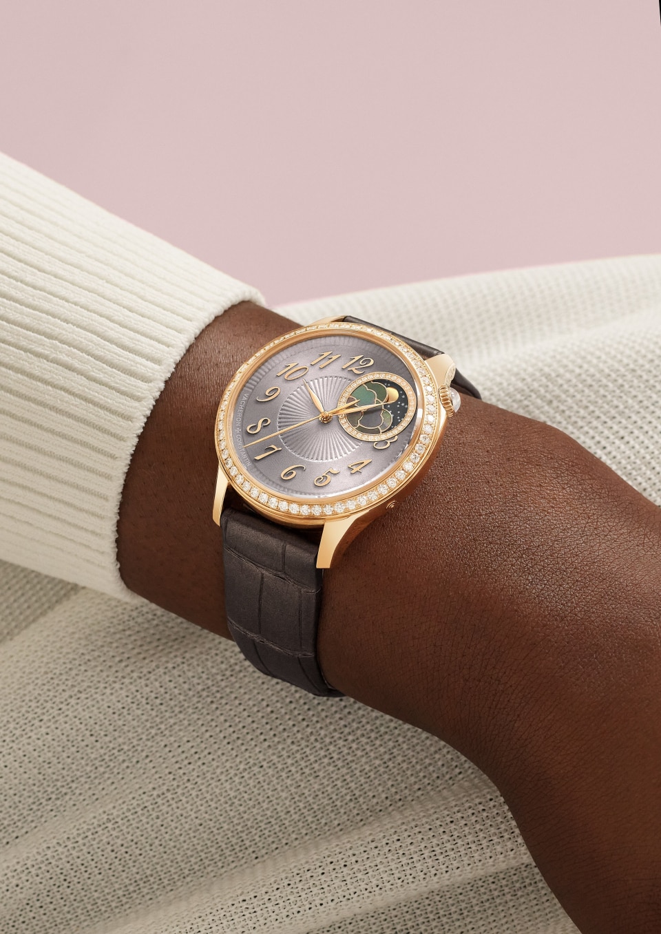  - Lifestyle product photo - Watch - Égérie moon phase - 37 mm Pink Gold with Alligator leather, Lambskin leather, Satin straps