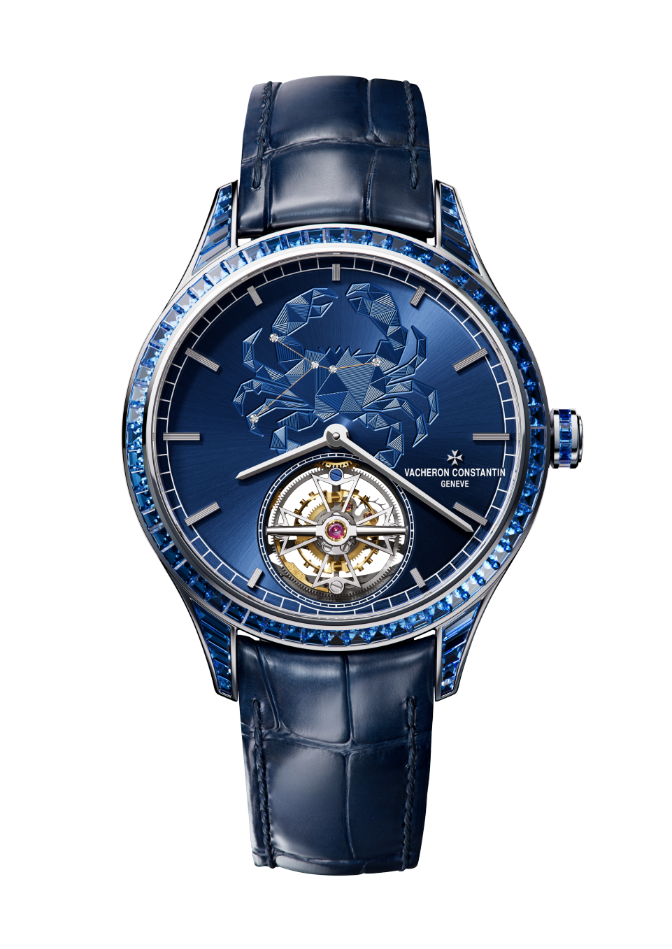 Front view - Packshot - Watch - Métiers d'Art Tribute to The Celestial -  Cancer - 39 mm White Gold with Alligator leather strap