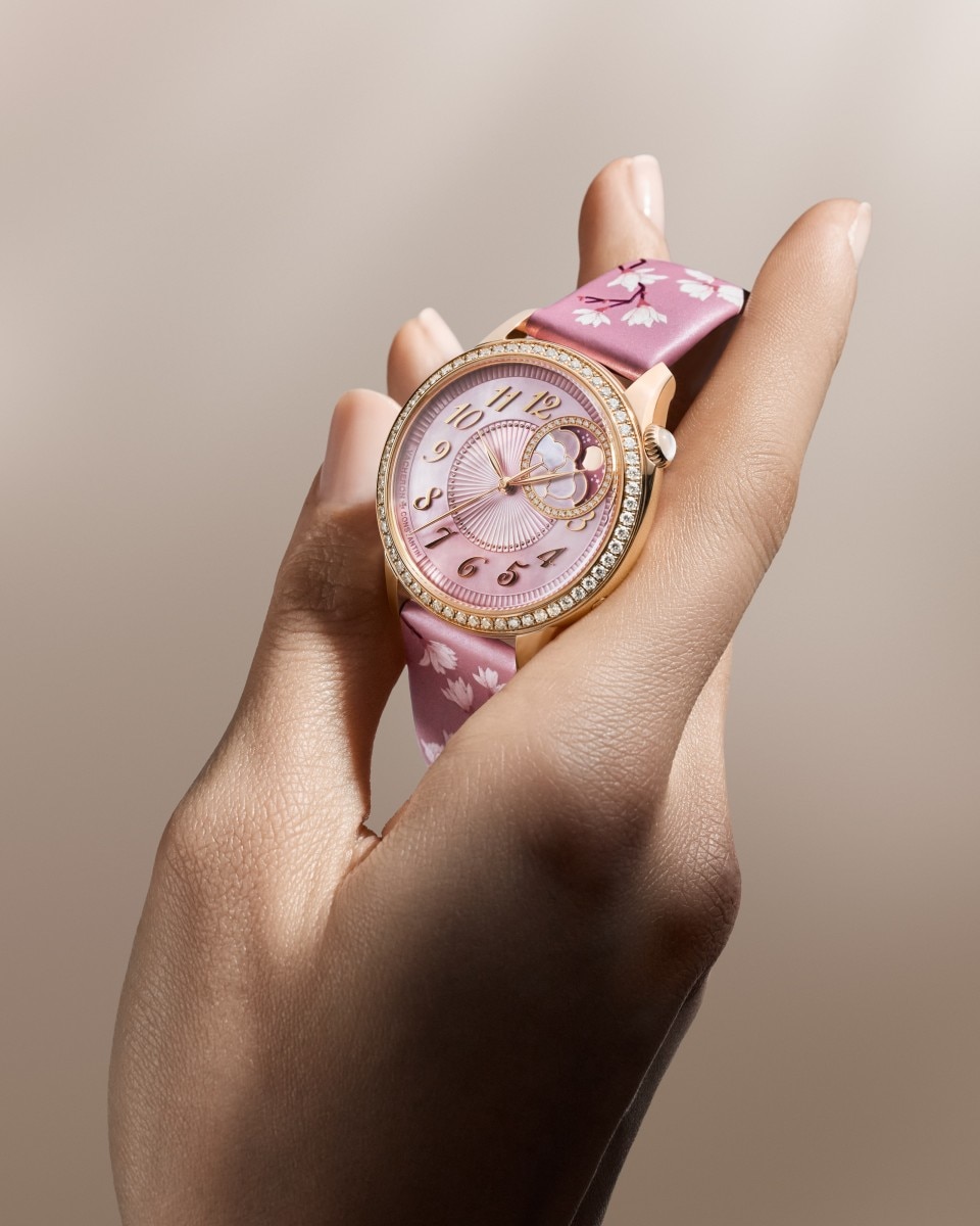 Alternative view - Lifestyle product photo - Watch - Égérie moon phase - 37 mm Pink Gold with Alligator leather, Calfskin leather, Polyester straps