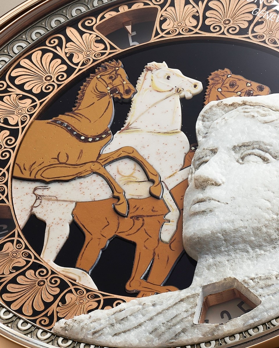 Close-up view - Packshot - Watch - Métiers d'Art Tribute to great civilisations - Athéna de Velletri - 42 mm Pink Gold with Alligator leather strap